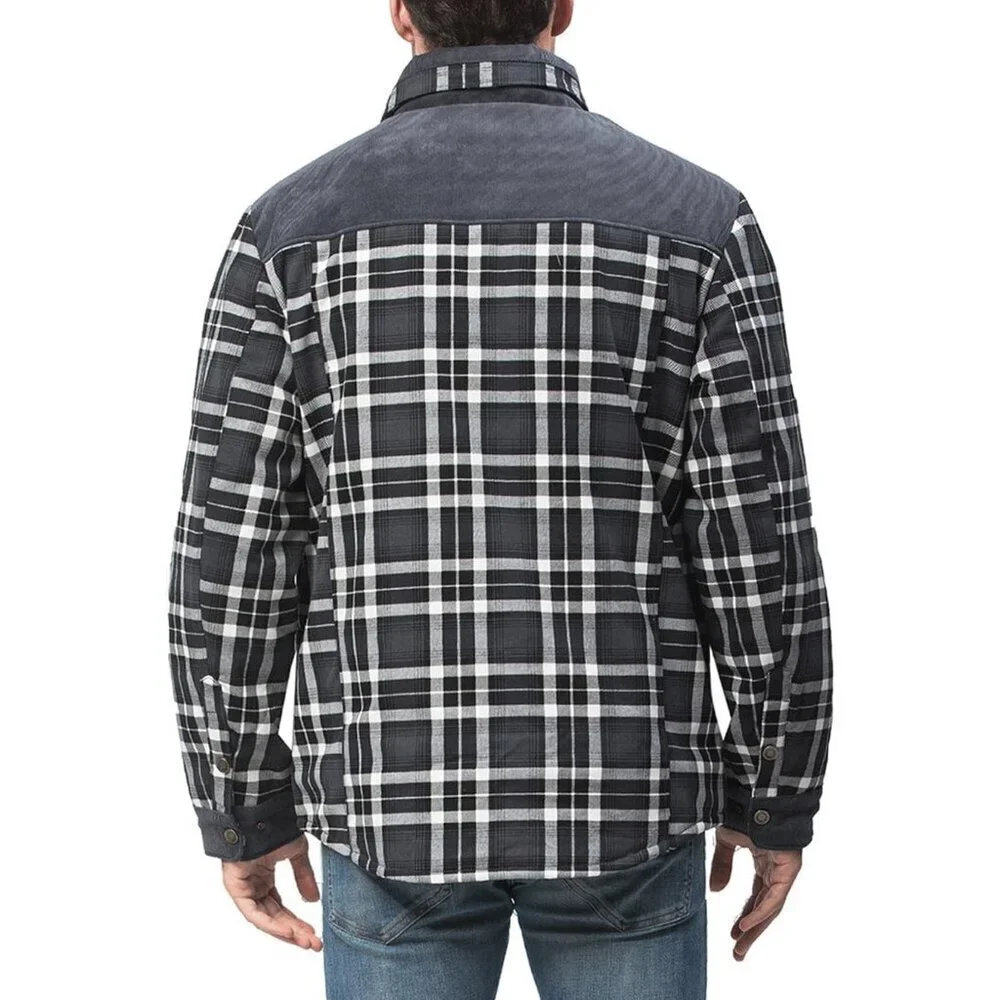 Men's Grey Long Sleeve Sherpa Lined Flannel Shirt Jacket Fleeces